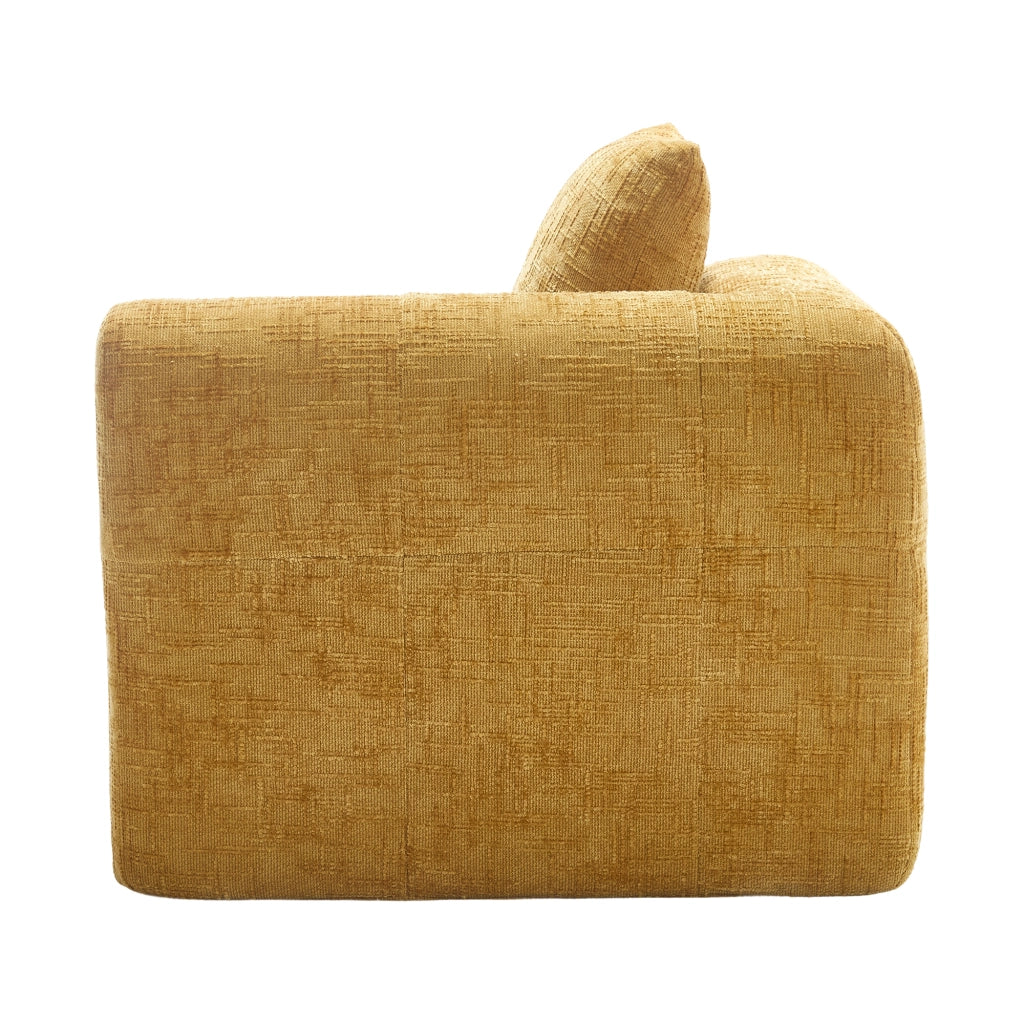 Divano chaise lounge imbottito in chenille giallo, con cuscino e tasche laterali, design moderno