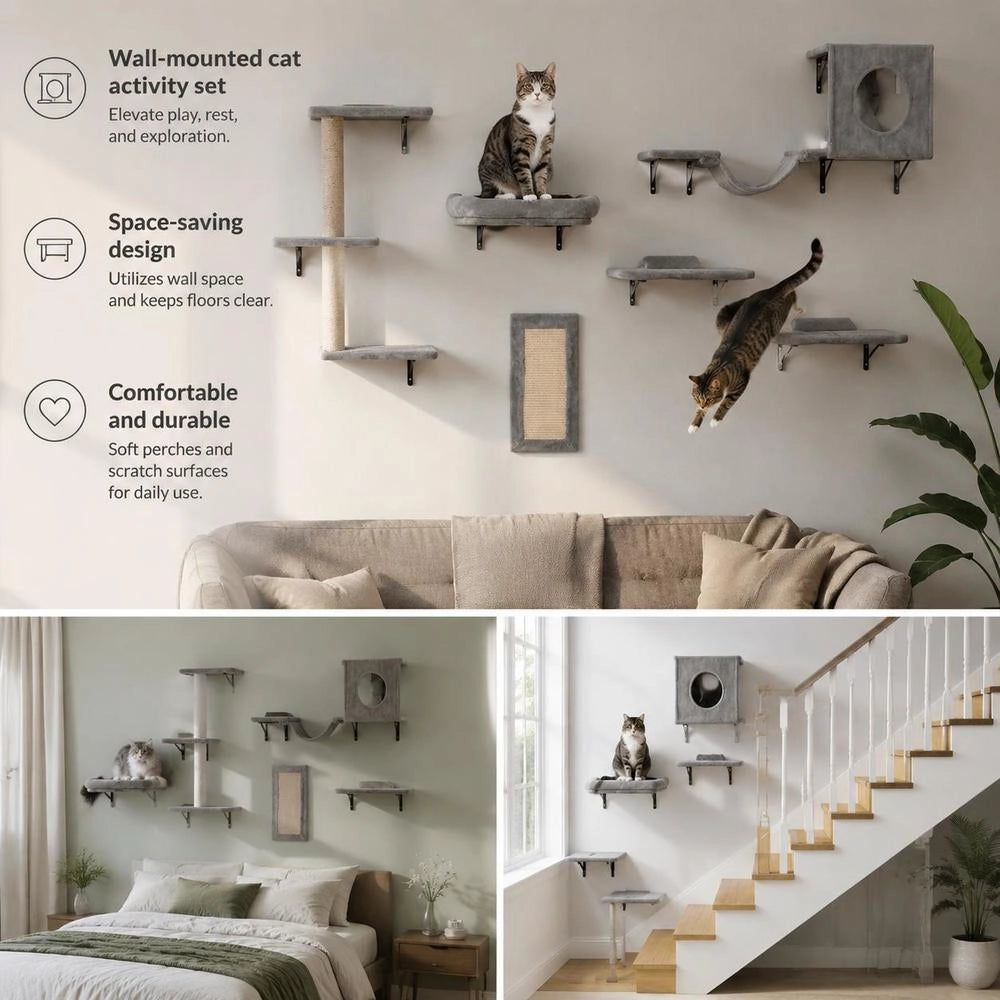 Wall-mounted Cat Shelves, Cat Wall Shelves And Perches With Jumping Boards, Hammock, Sofa, Cat Tree & Cat Handle, Cat Furniture And Shelves Up To 18 Kg For Sleeping, Playing, Climbing, Set Of 6