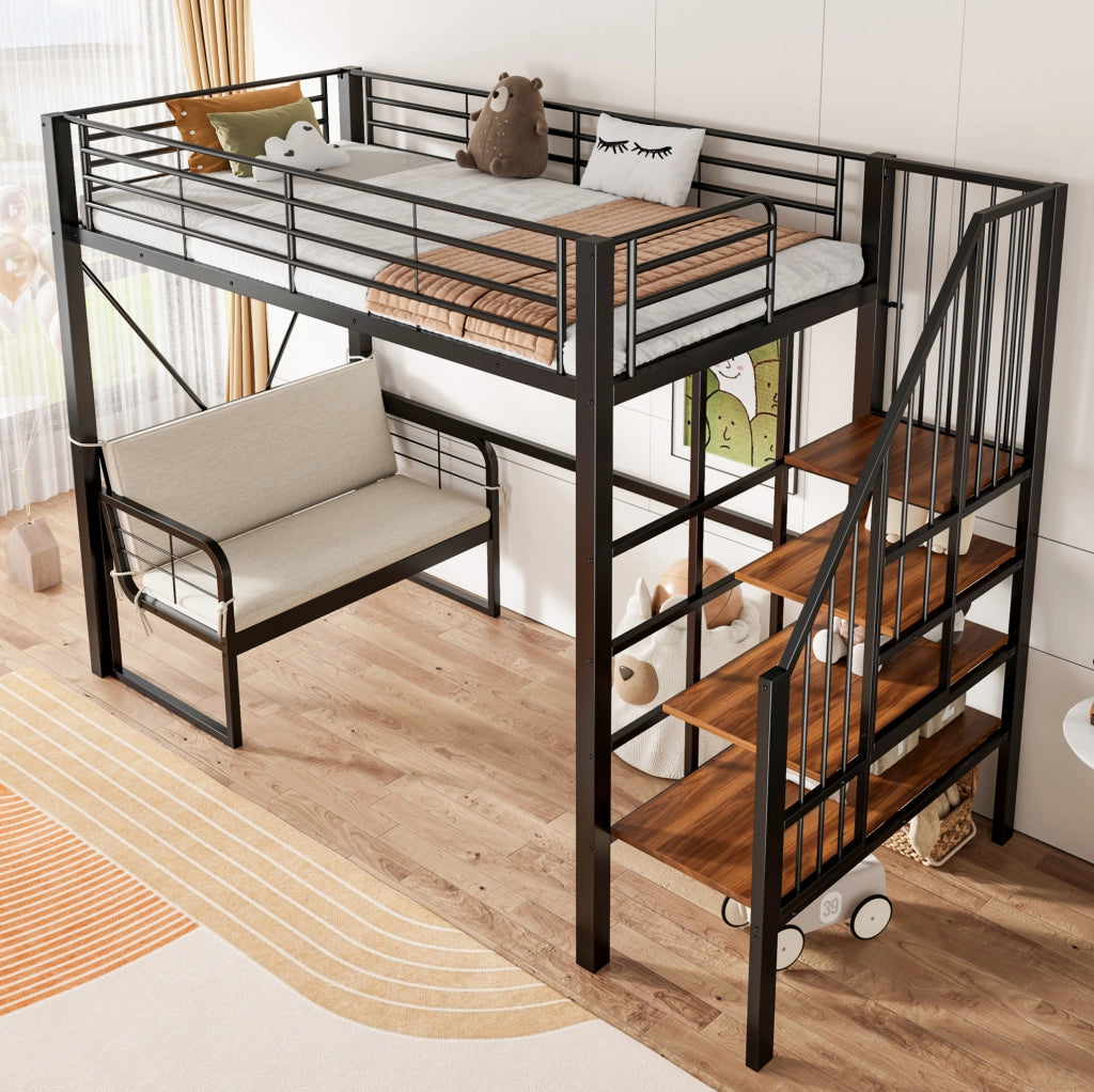 Letto a castello 90x200 cm con divano removibile e scala contenitore in metallo