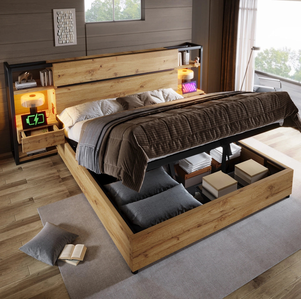 Letto matrimoniale 180x200 cm in legno e metallo con contenitore, testiera con cassetti e porta USB Type-C, rovere