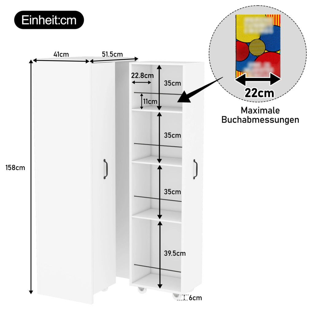 Libreria estensibile su ruote; 4 ripiani per modulo; MDF; bianco