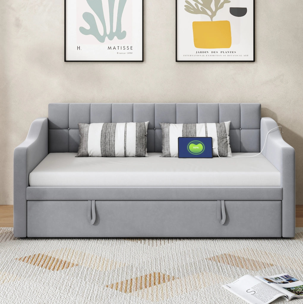Divano letto imbottito allungabile 90x190 cm, grigio chiaro