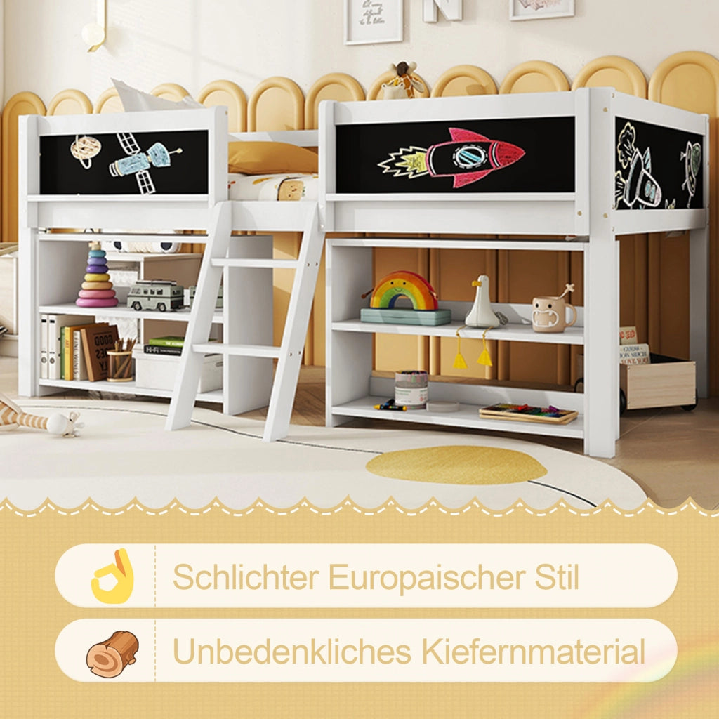 Letto per Bambini Semialto 90x200 cm con Ripiani; Scala e Sponde di Sicurezza; Pino e MDF Bianco