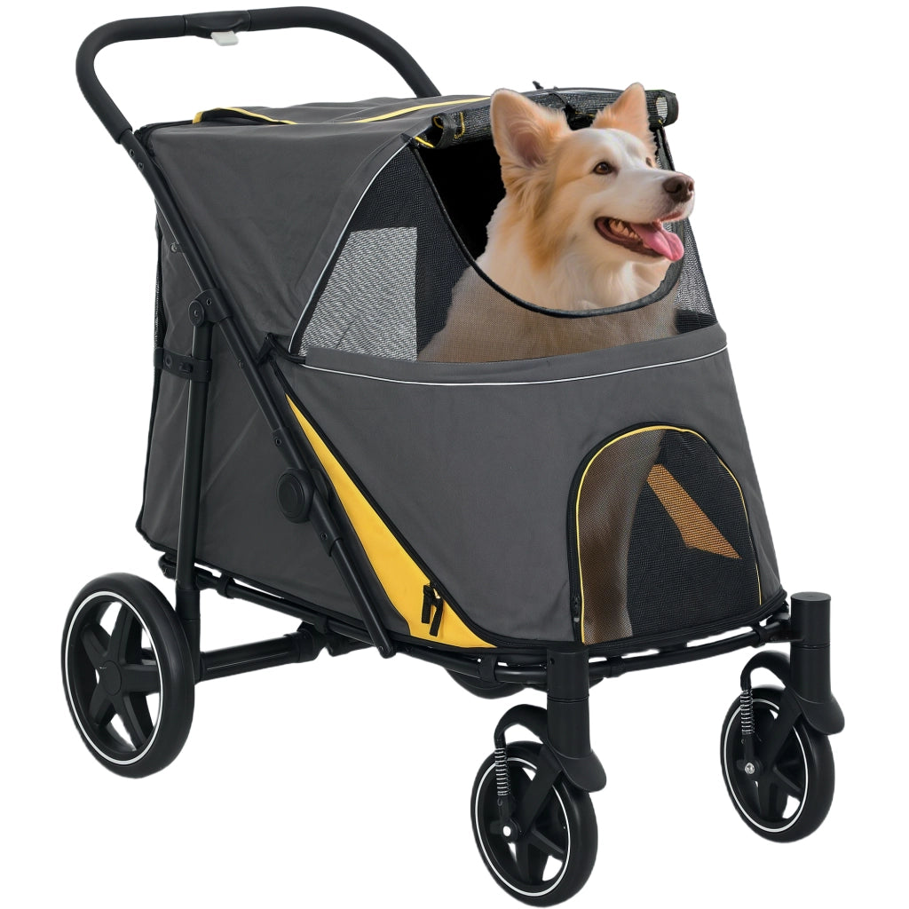 Passeggino per Cani Pieghevole Grigio Scuro con Sistema a Un Clic 2 Guinzagli di Sicurezza Ammortizzatori Pratico e Portatile