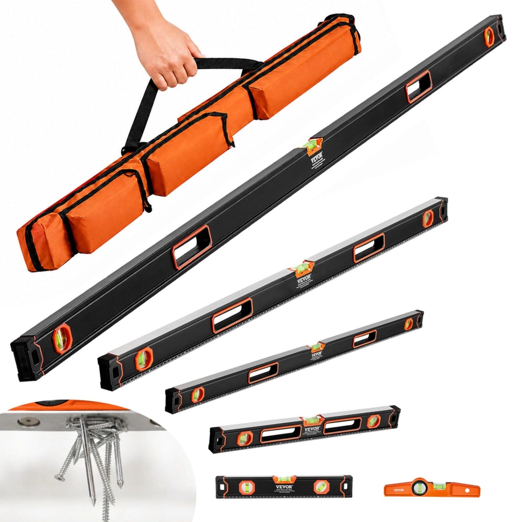 Set 6 livelle a bolla magnetiche resistenti SP-C6 in lega di alluminio nero e arancione 250/400/600/800/1200/2000 mm 45/90/180 gradi per bricolage