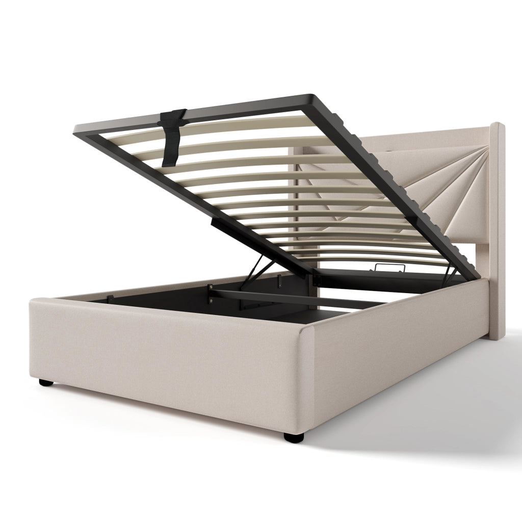 Letto singolo imbottito 90x200 cm con contenitore, testiera con USB e Type-C, beige