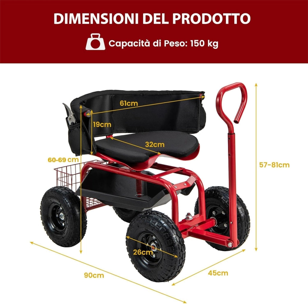 Sgabello da Giardino con Ruote, Sgabello da Giardinaggio con Sedile Regolabile e Girevole, Manico Telescopico, Vassoio, Cestello e Borsa per Attrezzi, Portata 150 kg, 90 x 61 x 60-69 cm
