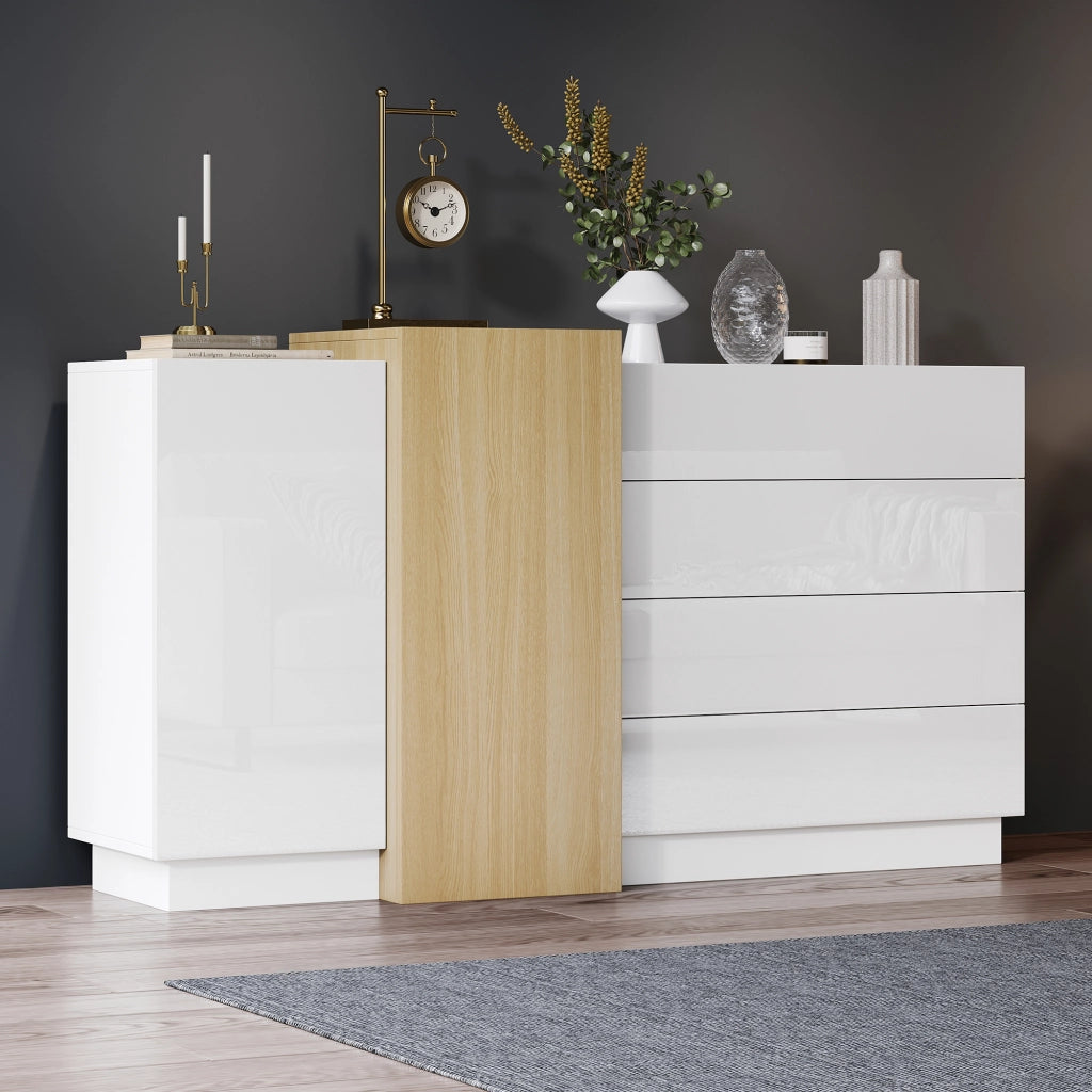 Credenza bianca lucida 140 cm con 4 cassetti e 2 ante; in MDF