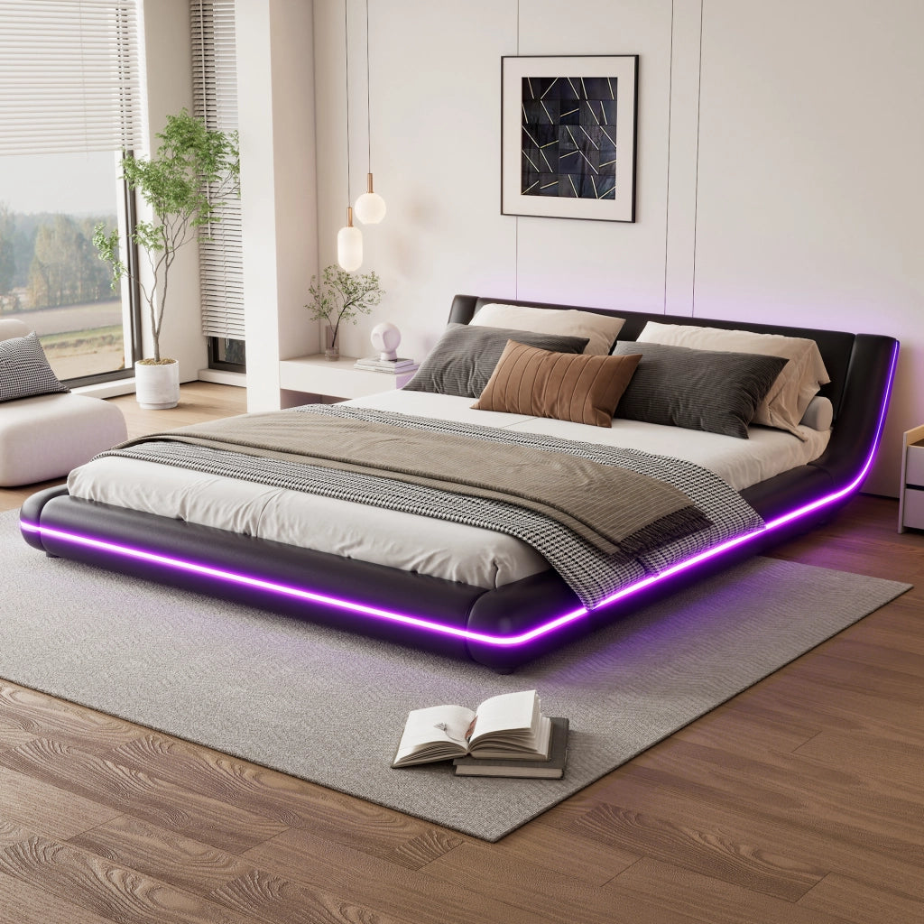 Letto 160 x 200 cm in PU nero, LED multicolore pilotata da app, per camera