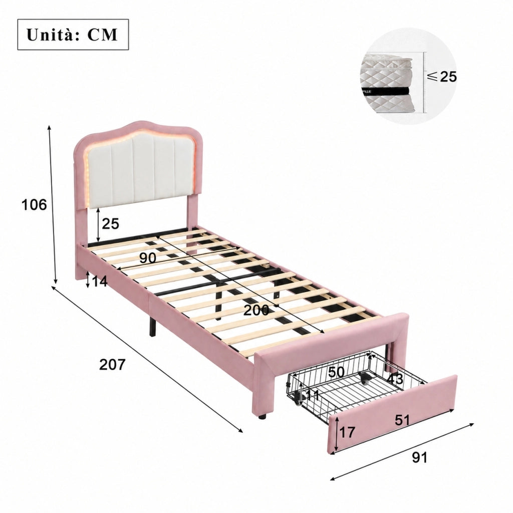 Letto imbottito per bambini 90 x 200 cm con cassetto e LED; velluto rosa