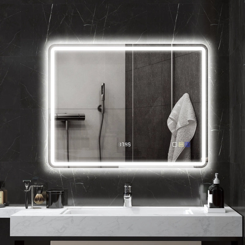 Specchio da bagno LED con Bluetooth e orologio; antiappannamento; luce regolabile e memoria; argento