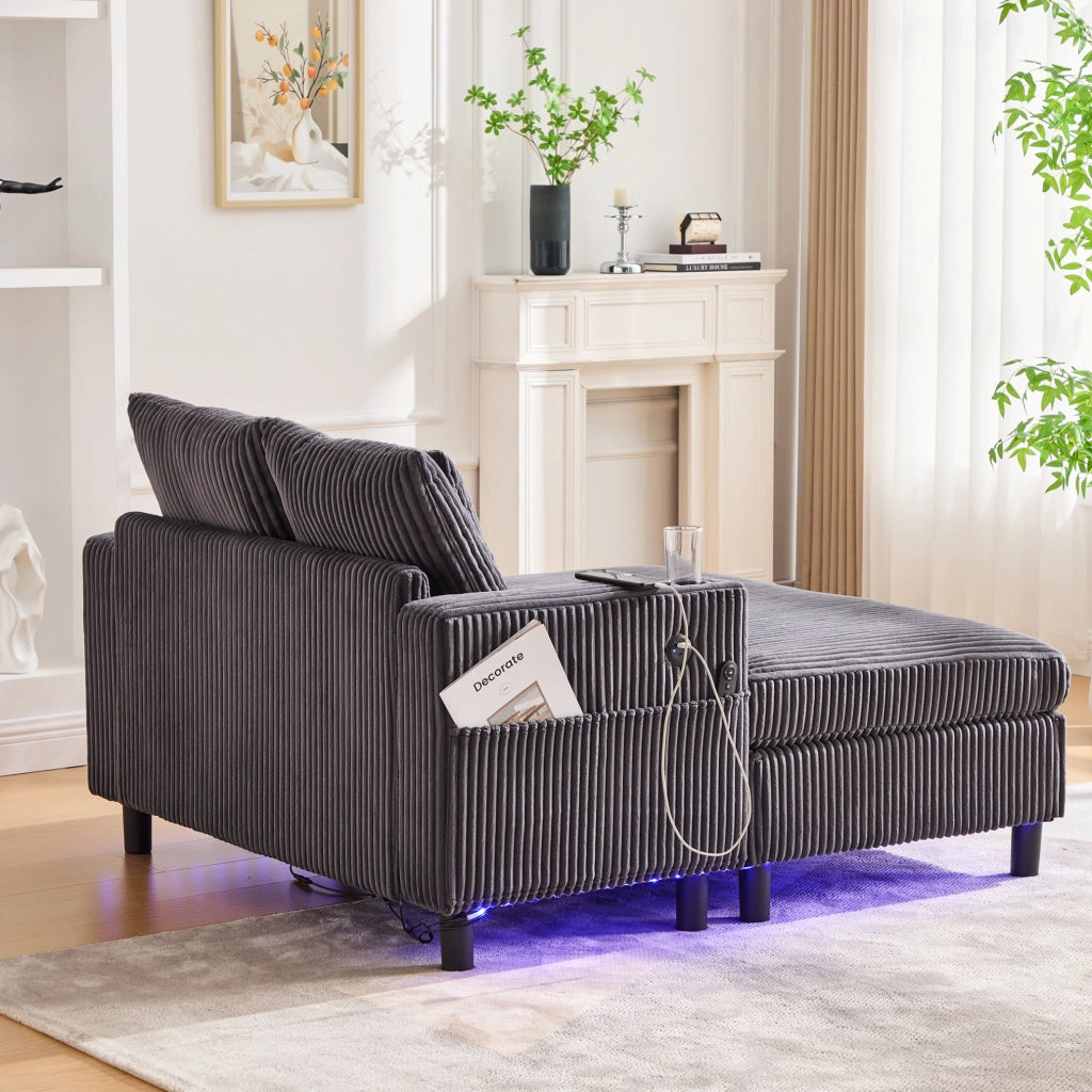 Poltrona relax extra large con LED multicolore; USB e portabicchieri in velluto a coste grigio scuro