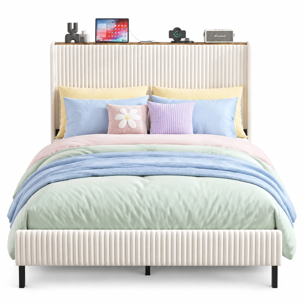Letto imbottito 140x200 cm in velluto a coste beige