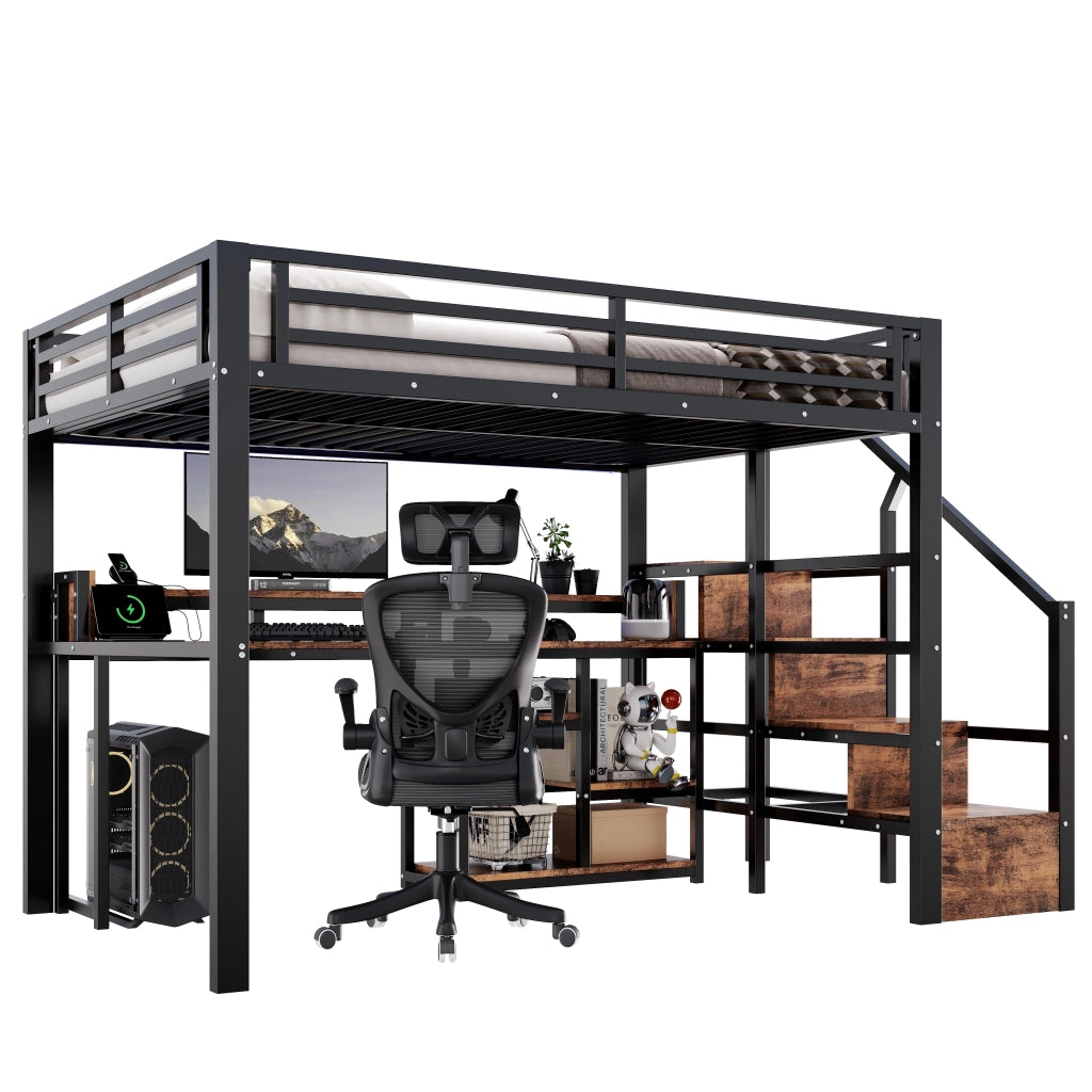 Letto a soppalco 140 × 200 cm con scala-armadio; ripiani; LED; porte USB e USB-C in metallo e MDF nero