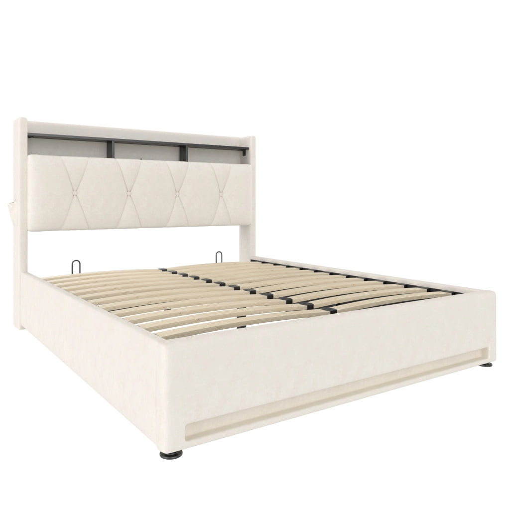 Letto matrimoniale 160x200 cm in velluto beige con LED, USB Type-C e contenitore