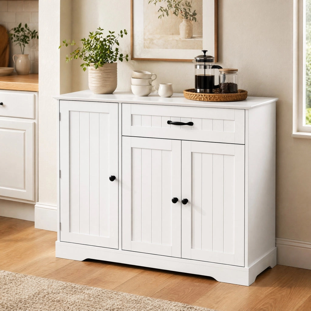 Credenza moderna bianca in MDF con 3 ante; cassetto e ripiani regolabili