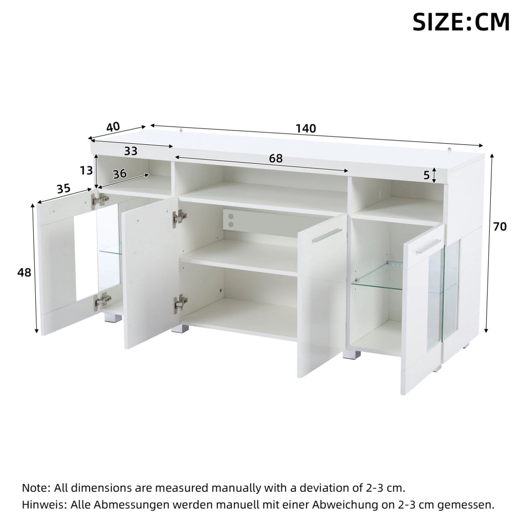 Credenza 140x40x70 cm con LED e 3 cassetti in MDF e vetro temperato bianco