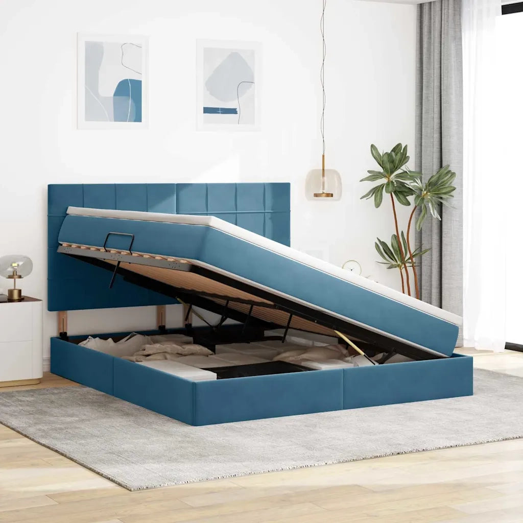 Letto con contenitore e LED Blu Scuro 160 x 200 cm Velluto
