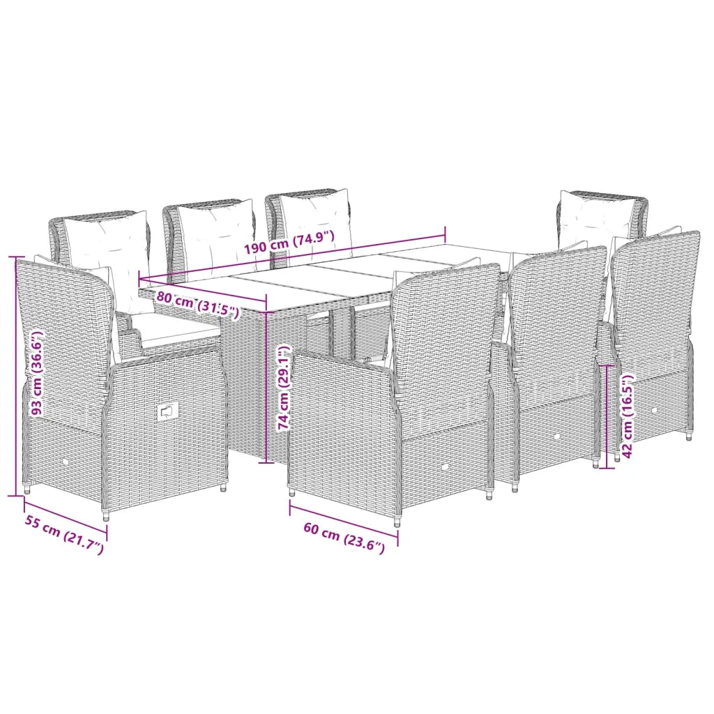 Set da Pranzo da Giardino 9pz con Cuscini Marrone in Polyrattan 3262782