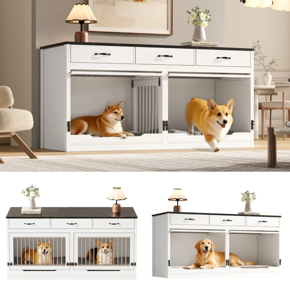 Gabbia per cani 164x60x81 cm bianca e nera in MDF e metallo; 3 cassetti