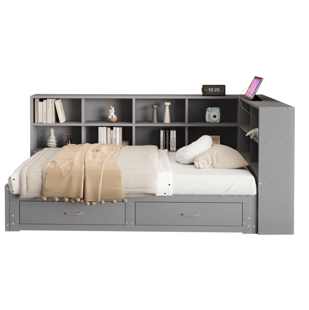 Letto estraibile 90/180x190 cm in legno grigio con contenitore, prese, senza materasso