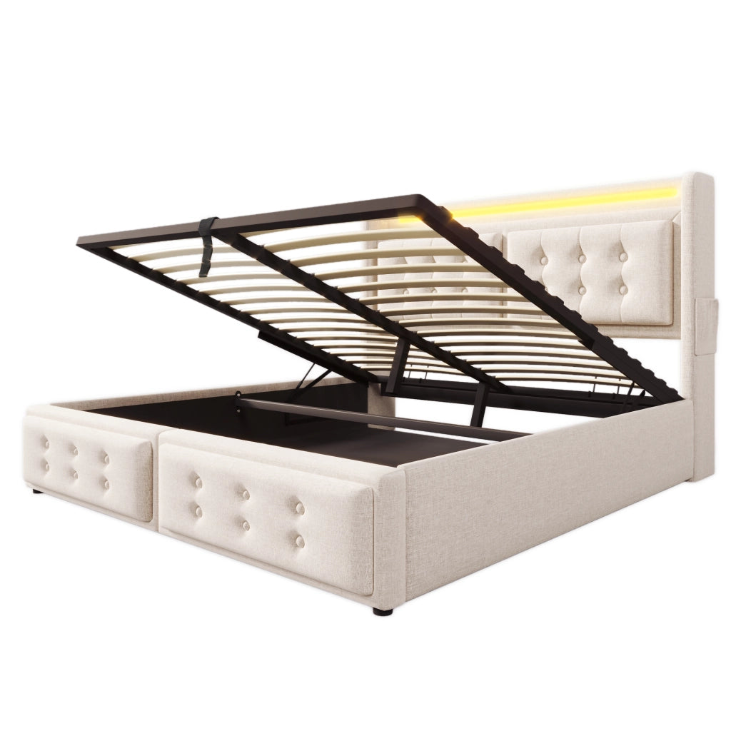 Letto matrimoniale imbottito 140x200 cm beige con contenitore