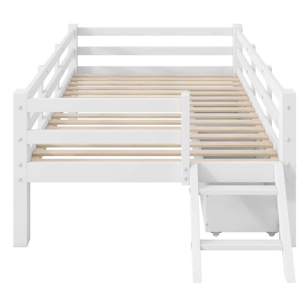 Letto a piattaforma 90x200 cm con sponde; 2 cassetti; MDF e compensato; bianco