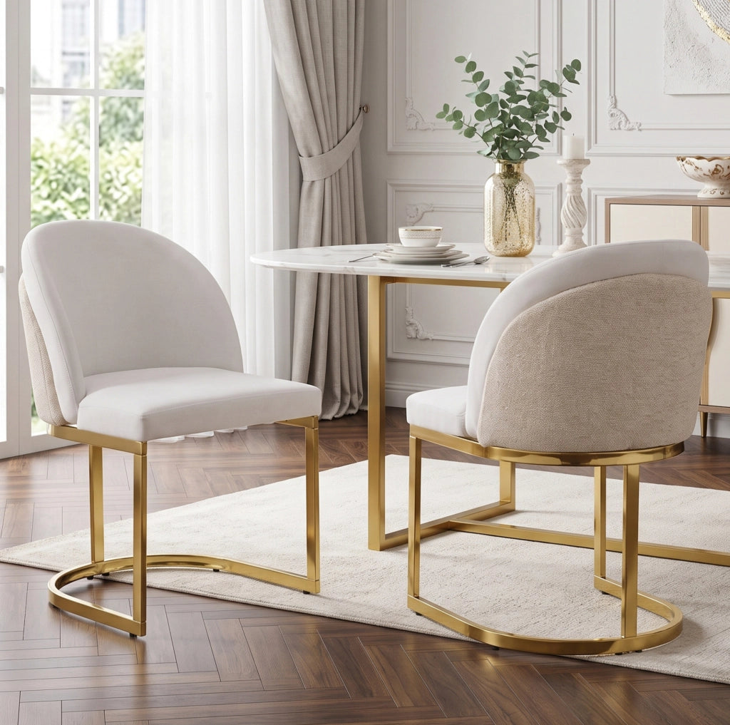 Set 2 sedie da pranzo in chenille beige e oro