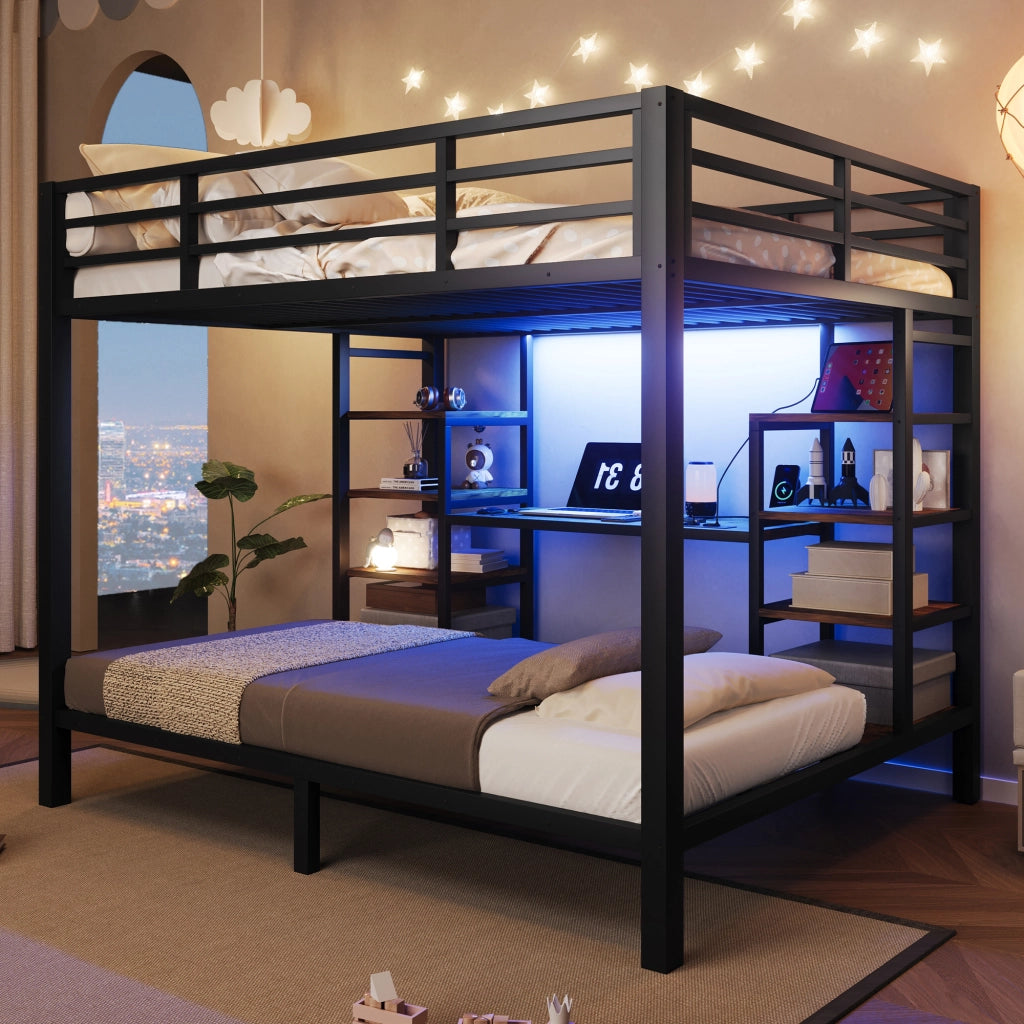 Letto a castello 90 × 200 cm e 140 × 200 cm in metallo e MDF nero con ripiani LED USB e Type-C