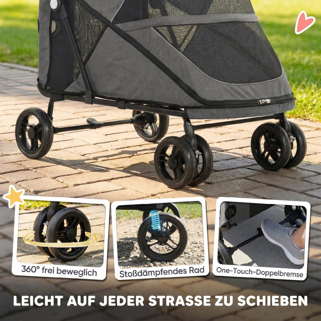 Carrello per Cani Pieghevole ¨C Minimal ¨C Grigio 360¡ã Ruote Rete Cuscino