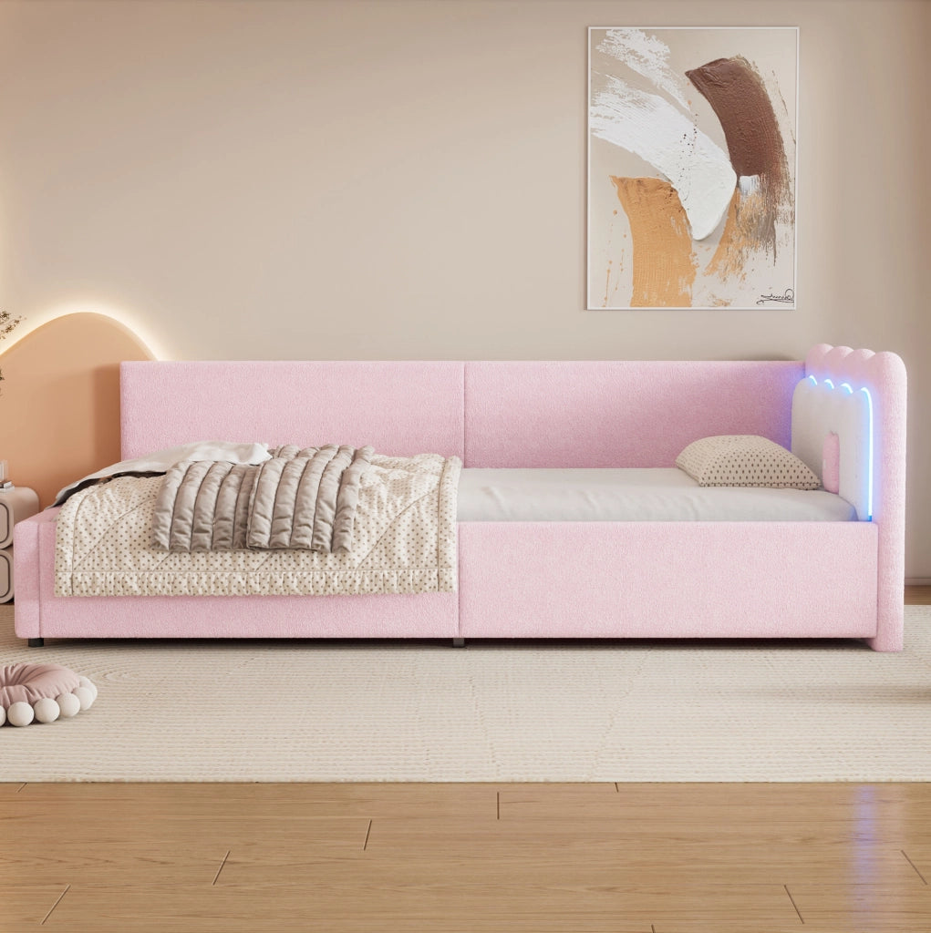 Letto 90x200 cm con illuminazione LED e testiera colour blocking rosa