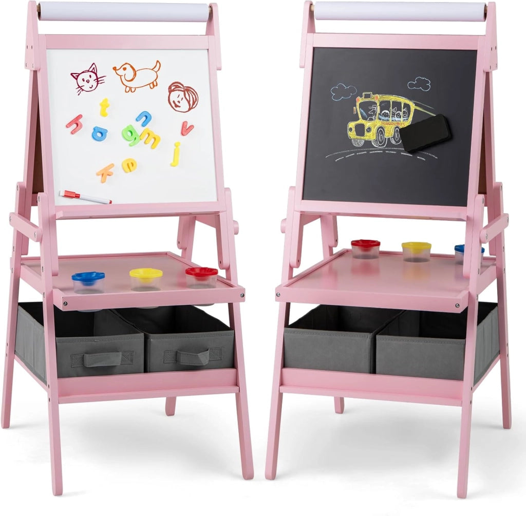 3 in 1 Cavalletto per Bambini, Cavalletto con Doppia Faccia Magnetica e Lavagna Bianca, Rotolo di Carta, 3 Bicchieri per Vernice e 2 Ceste in Tessuto, per Bambini 3-6 Anni (Rosa)