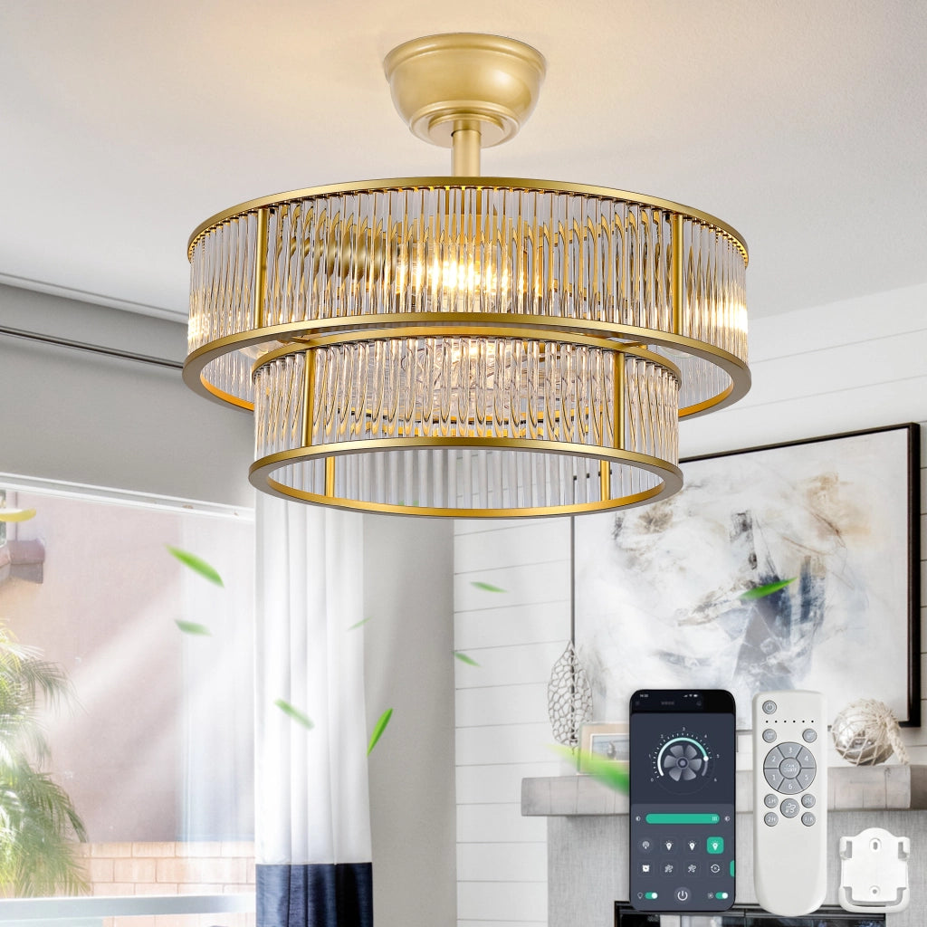 Ventilatore da soffitto con illuminazione 4 attacchi E26. 6 velocità; app Bluetooth e telecomando oro