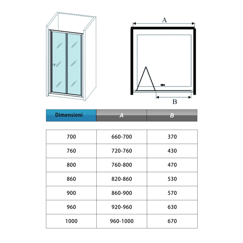 185 cm Box Doccia per Nicchia Porta a Soffietto 96 cm Vetro Temperato 5 mm Satinato Opaco Profilo Cromato Lucido