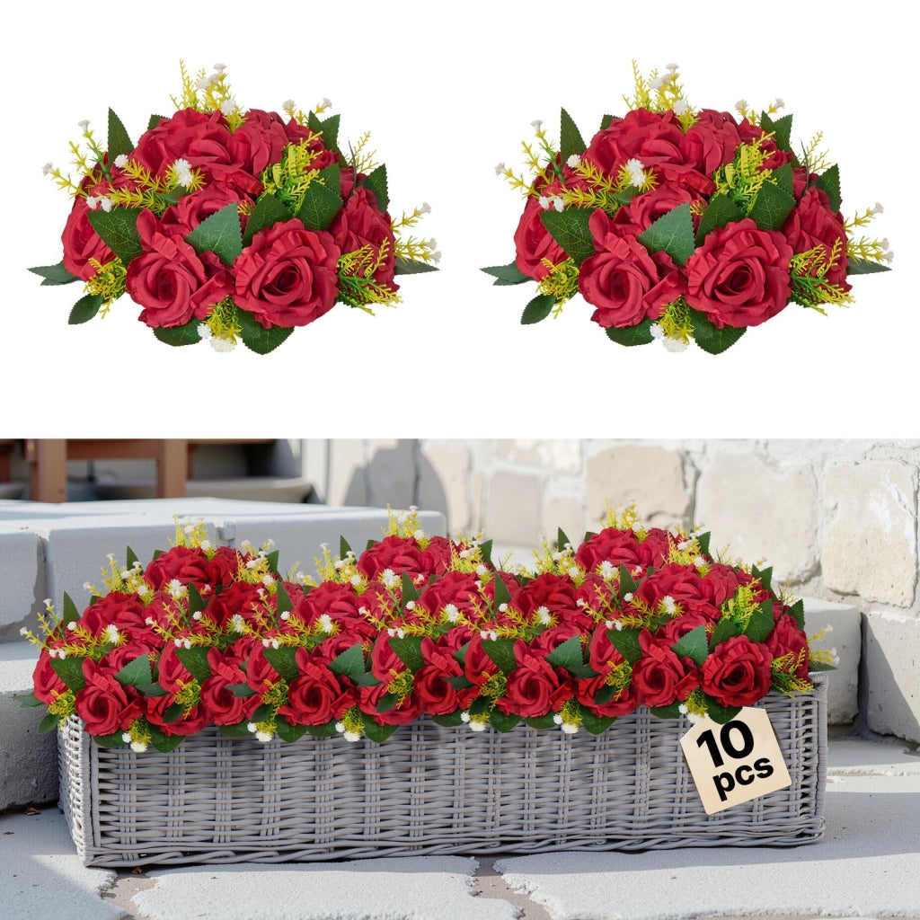 Set 10 Bouquet di Fiori Artificiali JN-HQ-03 Rose Finte in Seta Rosso Diametro 24 cm per Matrimonio Decorazioni Casa ed Eventi
