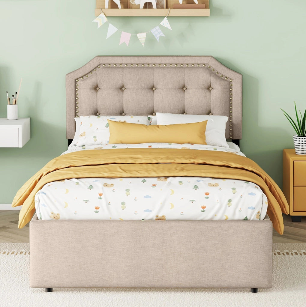 Letto imbottito 90x200 cm con cassetti, design elegante e testata regolabile