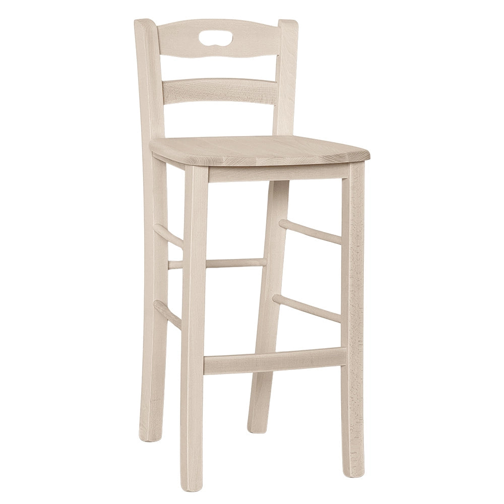 Sgabello in legno grezzo con schienale h 66 cm con seduta in legno massello