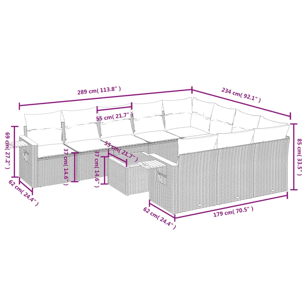 Set Divani da Giardino 11 pz con Cuscini Beige in Polyrattan