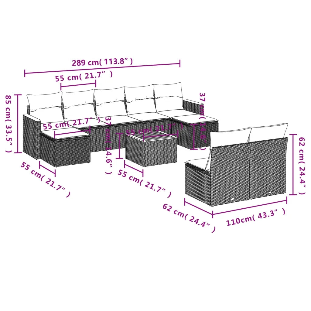 Set Divani da Giardino 10pz con Cuscini in Polyrattan Nero 3226378