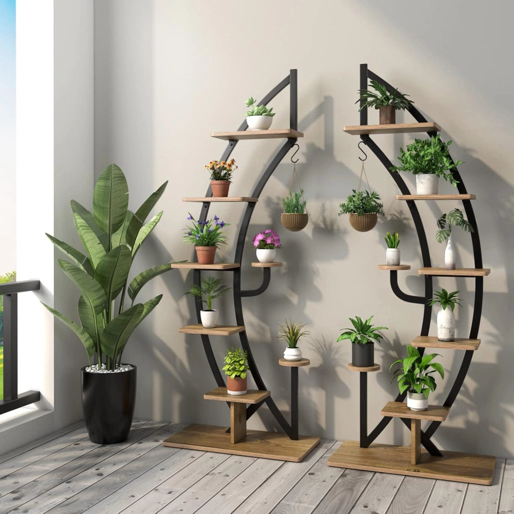Scaffale per Piante a 7 Livelli, Scaffale a Forma di Mezza Luna con Gancio e Dispositivo Antiribaltamento, Porta Piante e Fiori per Interno, Balcone e Soggiorno, 60 x 30 x 155 cm (2 PEZZI)