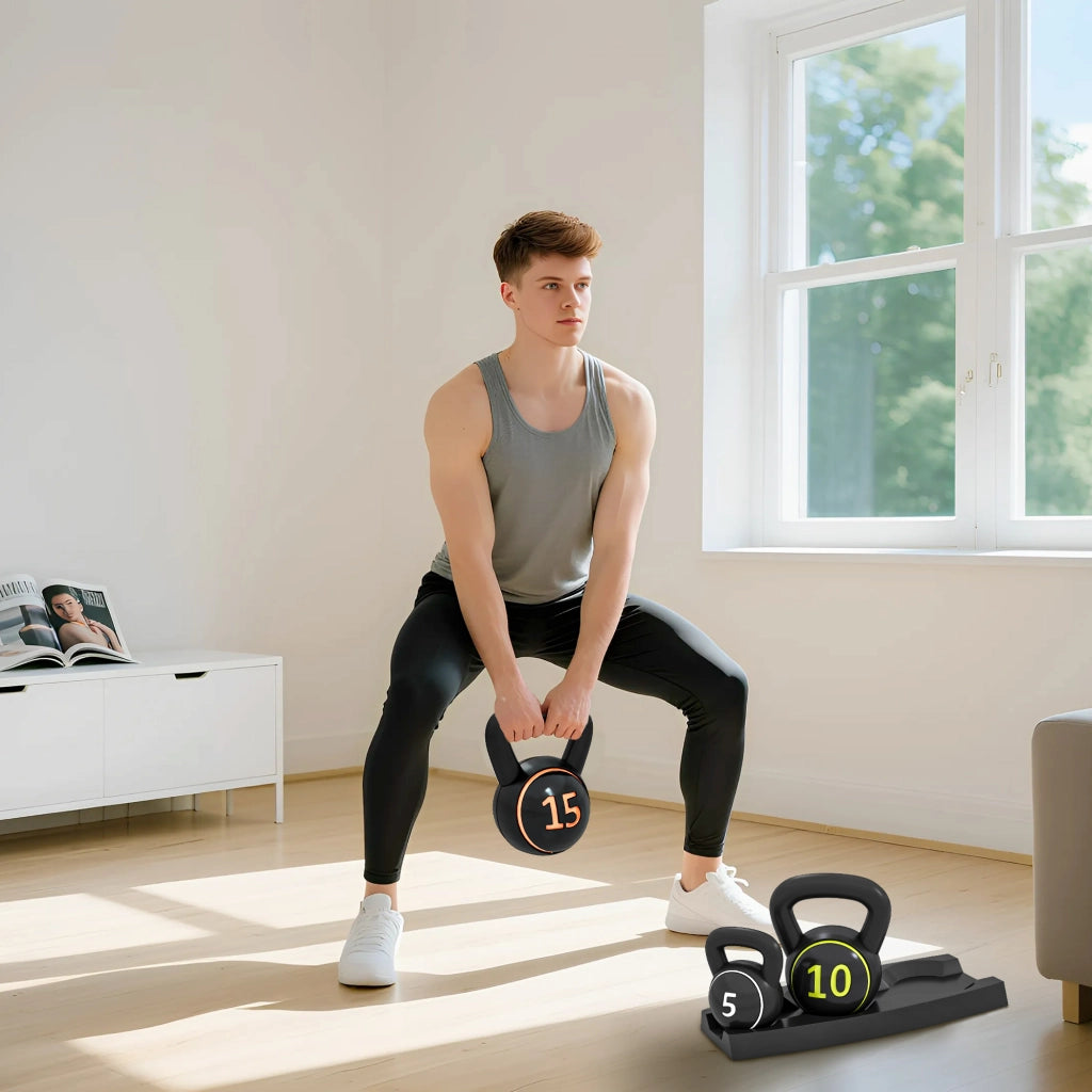 Set Kettlebell Palestra 2,2- 4,5-6,8 kg con Base e Supporto in Plastica Nero