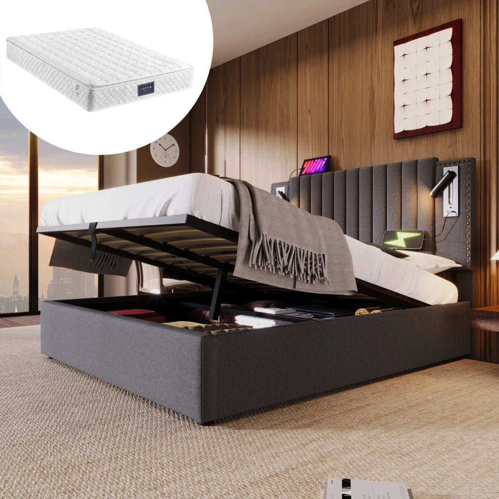 Letto contenitore 160 × 200 cm con luce da lettura, USB e Type-C, materasso incluso, in cotone, grigio