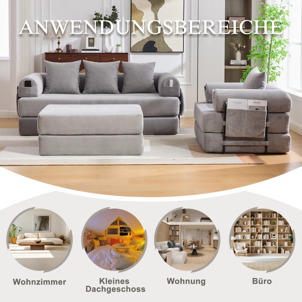 DIVANO modulare in corda grigio chiaro con pouf e cuscini