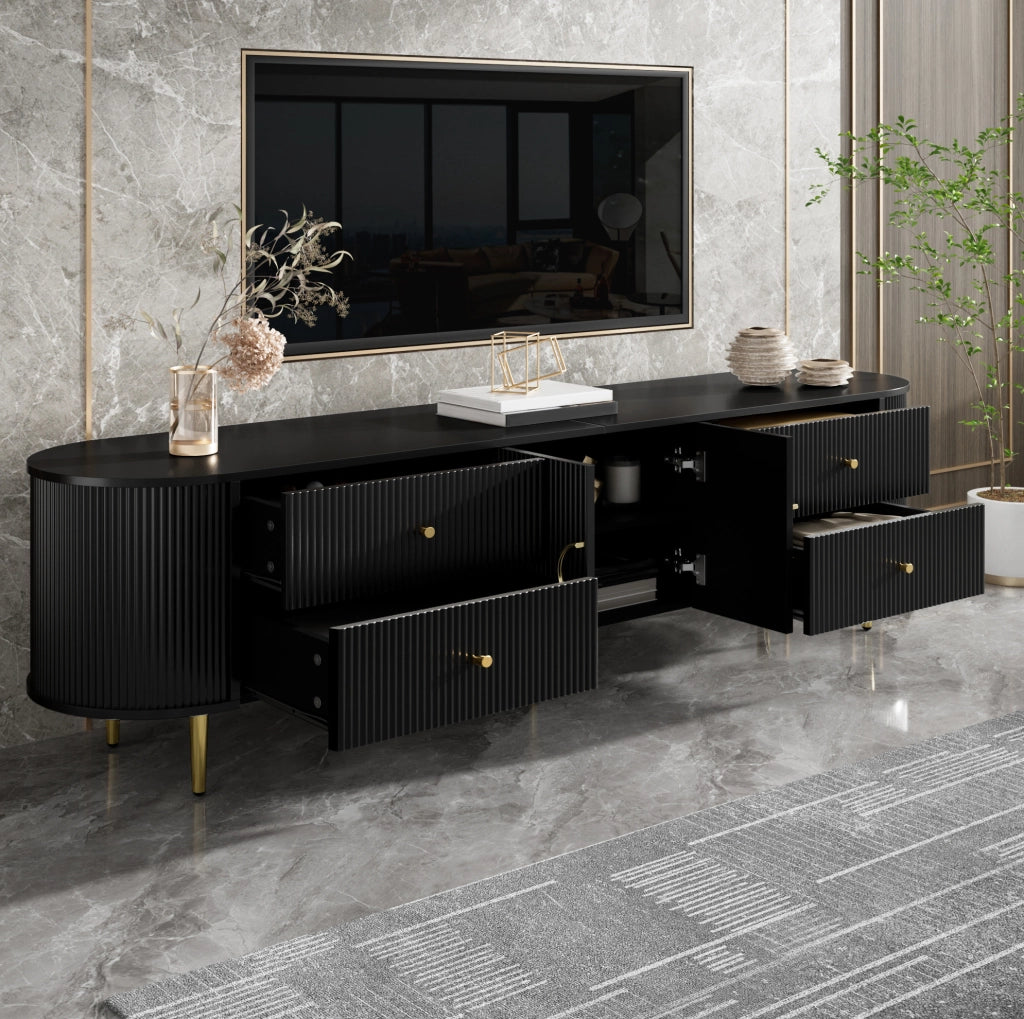 Mobile TV 180x40x38 cm con cassetti e ante ondulate in MDF nero