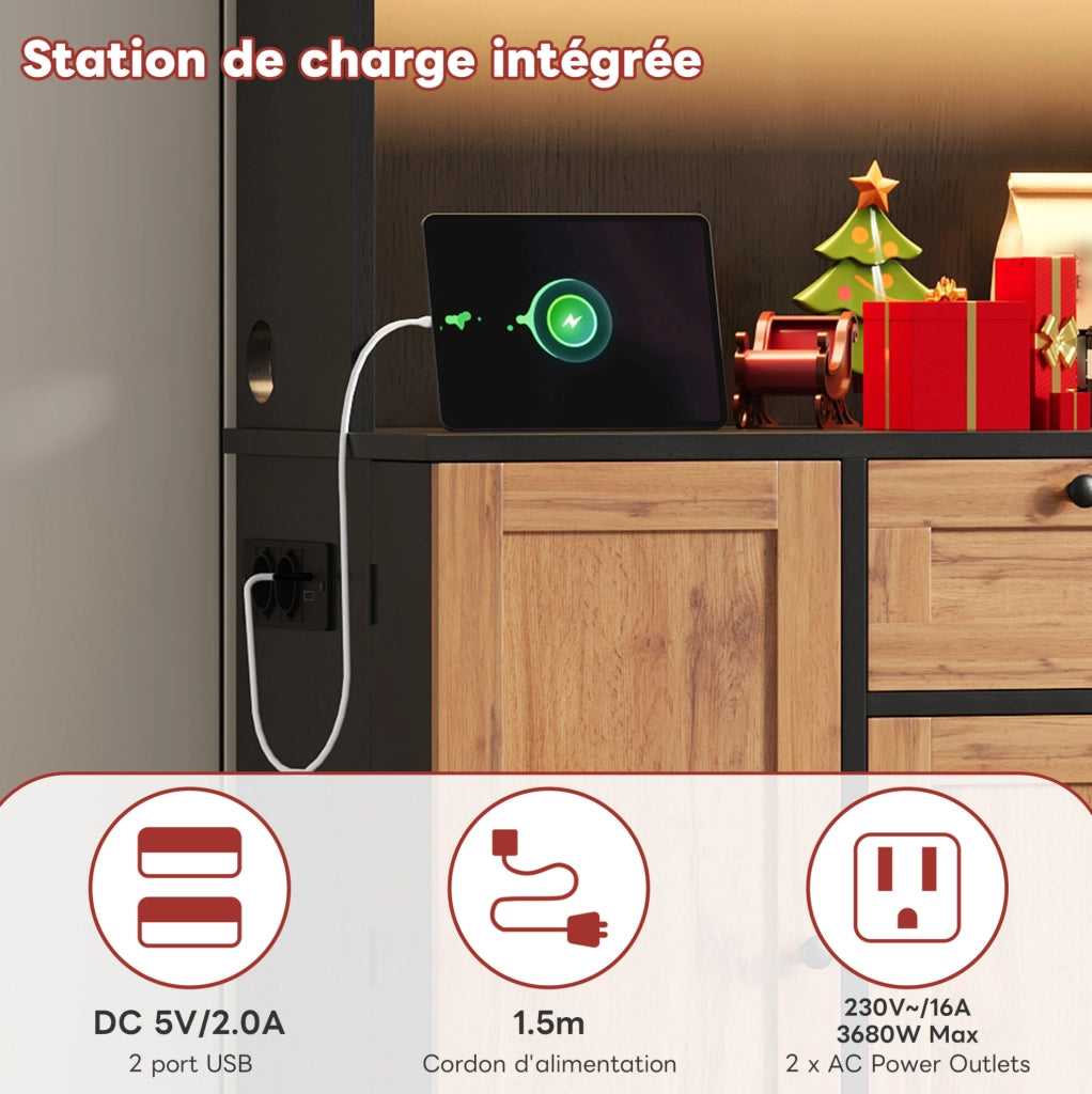 Mobile cucina con LED, prese e portabottiglie 180x105x40 cm