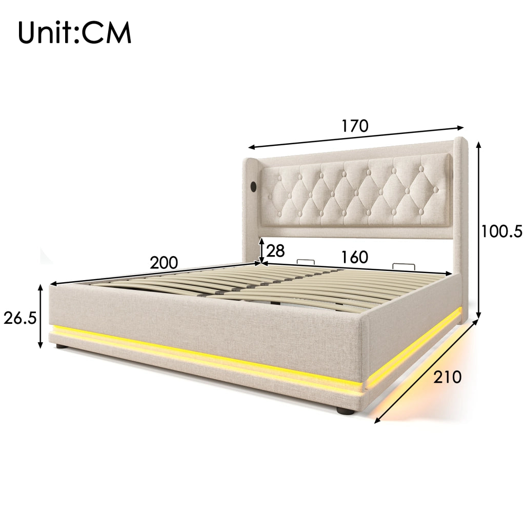 Letto matrimoniale 160x200 cm con contenitore; LED e USB Type-C; imbottito beige in cotone