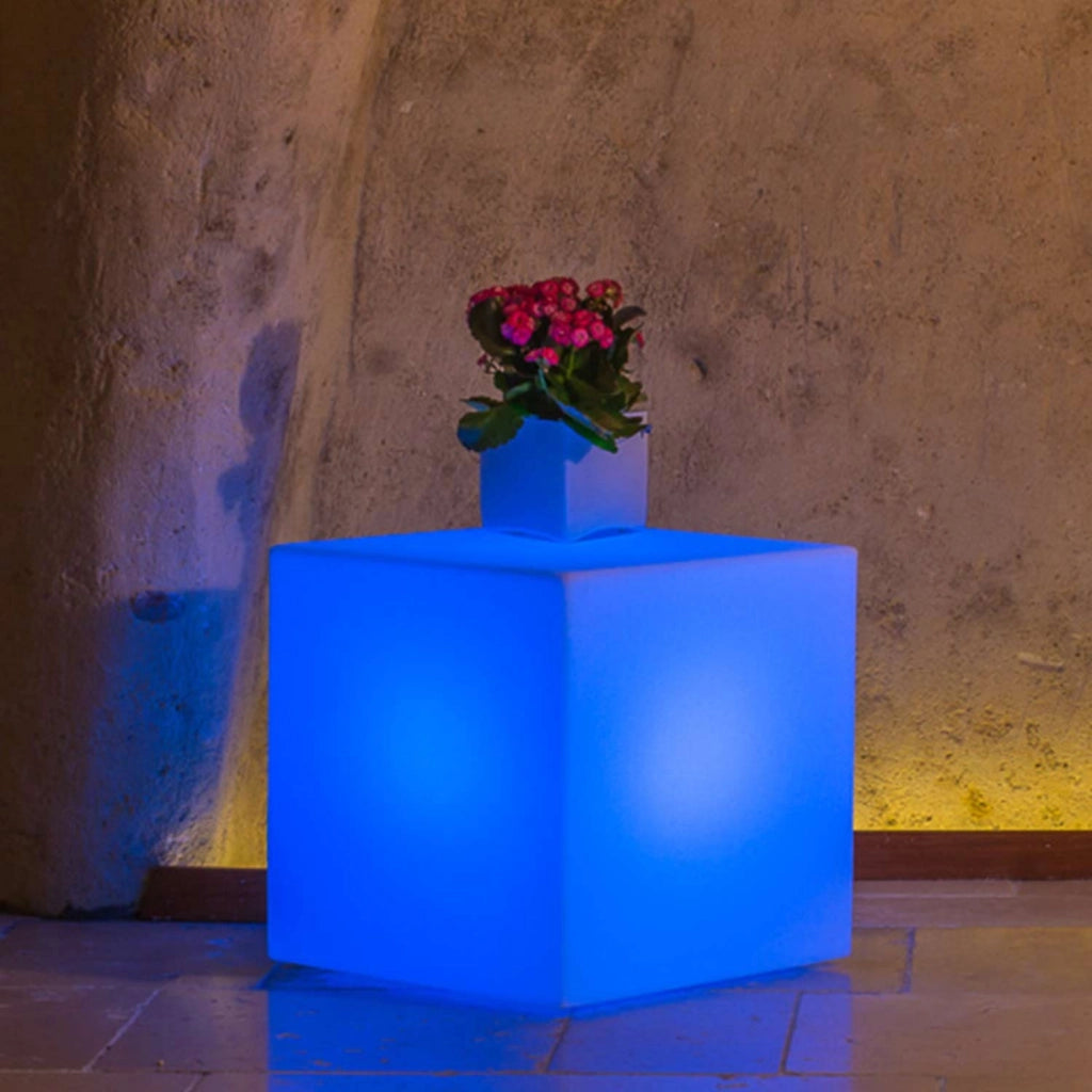 Lampada Cubo In Resina Quadrato H40 Luce Azzurra 40x40Cm