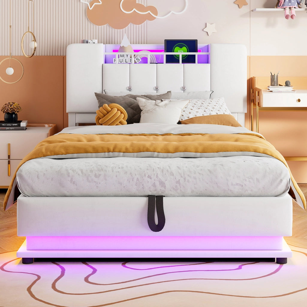 Letto imbottito per bambini 90x200 con LED e contenitore idraulico; velluto beige
