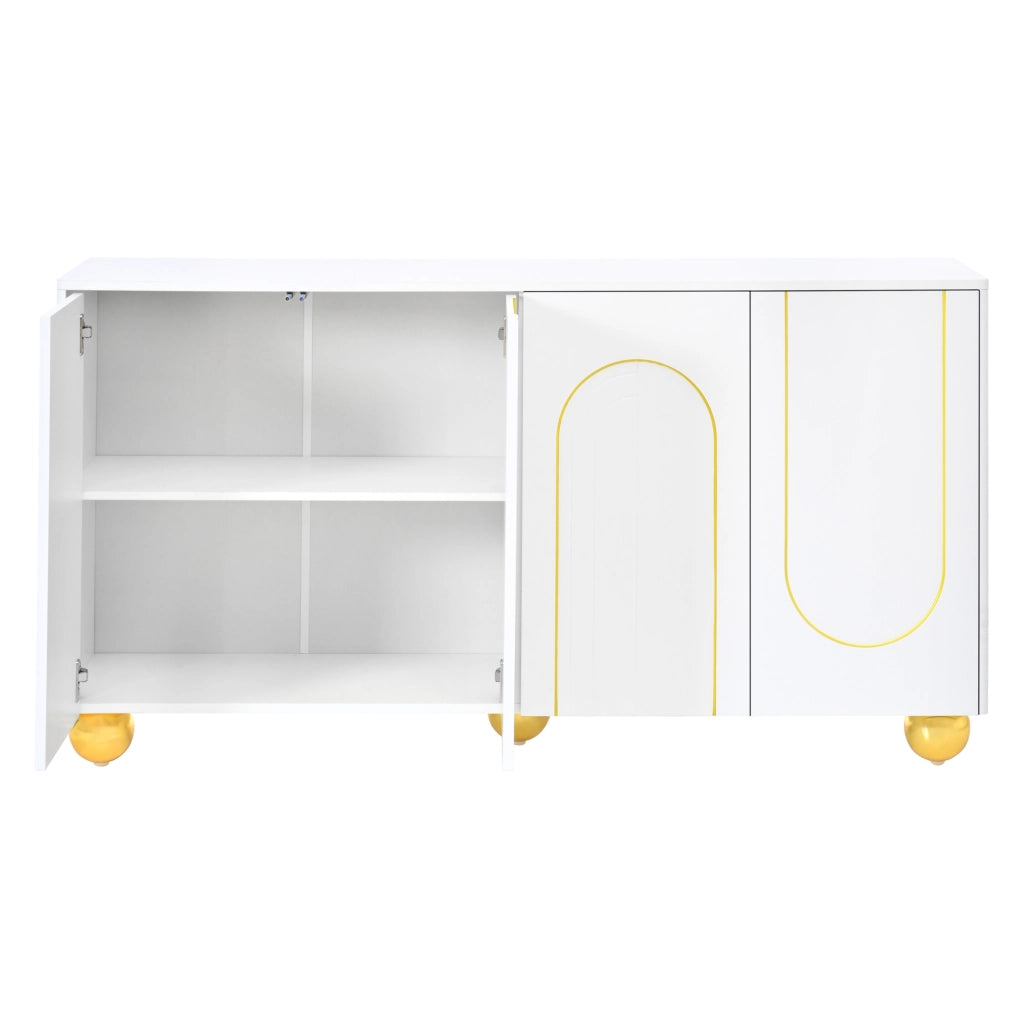 Credenza ULEVR 140x40x74 cm con 4 ante, ripiani interni e decoro ad arco dorato, bianca