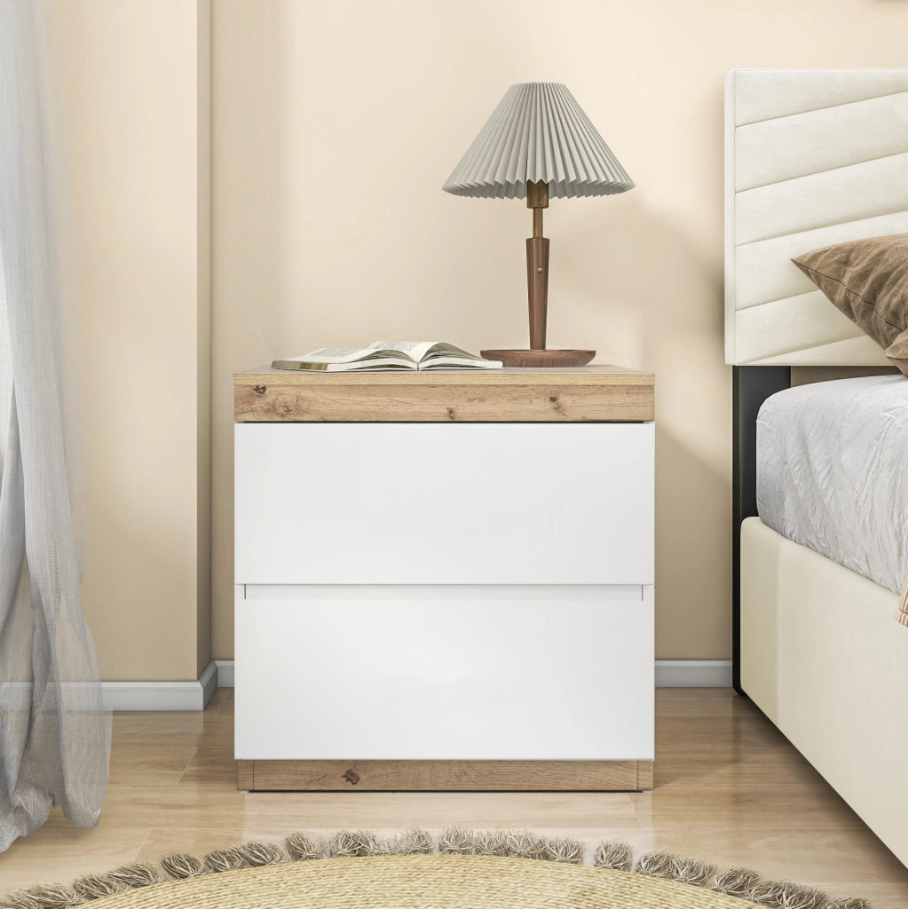Comodino con 2 cassetti in truciolare E1 bianco e rovere